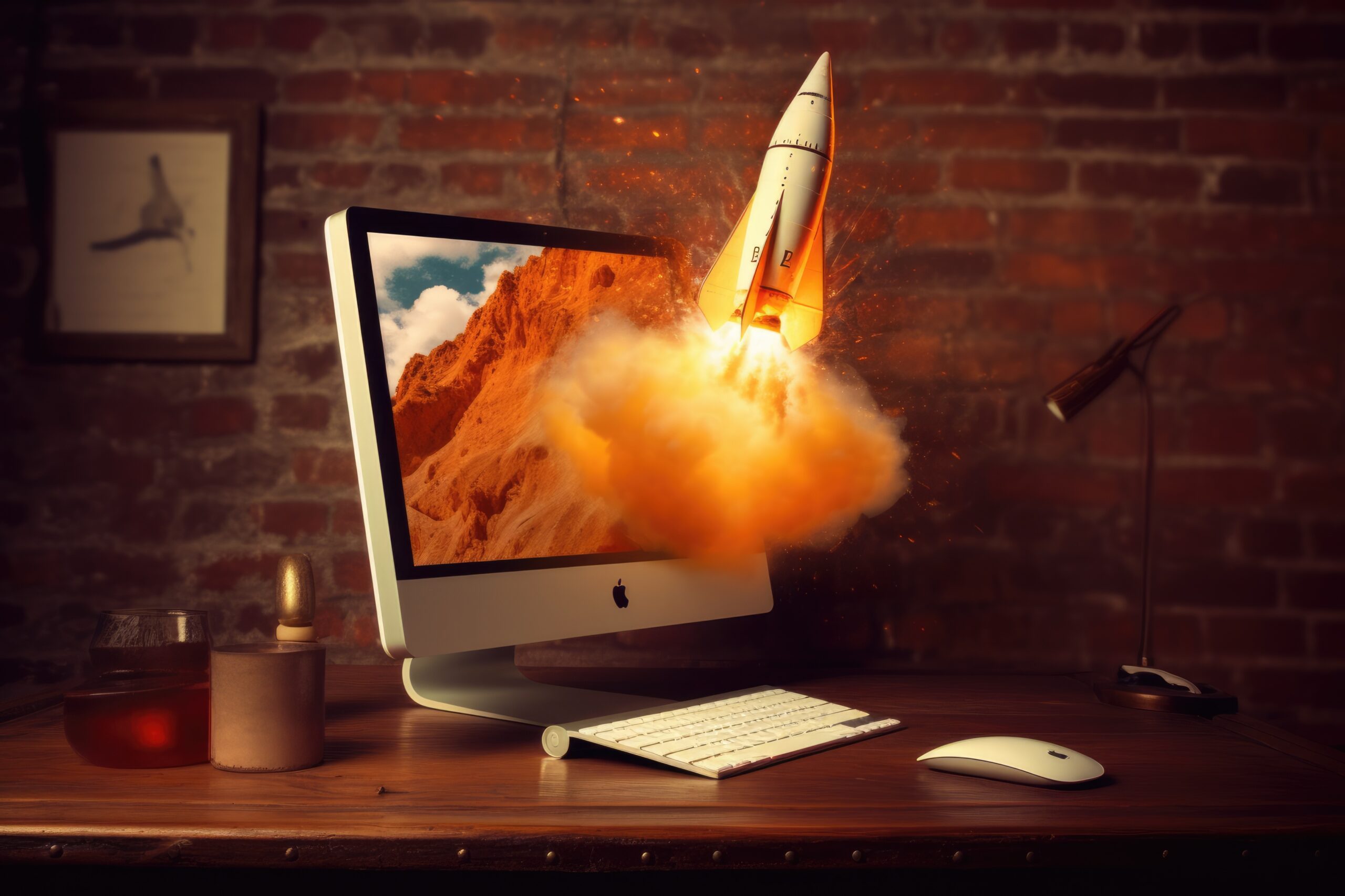 Rocket coming out of desktop computer screen. generative ai AIG32